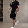 Men s Plus Size Green Black Printed Round Neck Short Sleeve Top And Drawstring Shorts Set