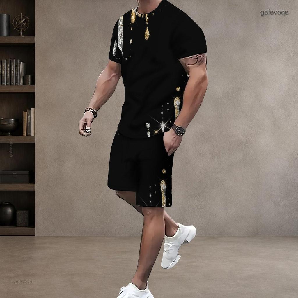 Men s Plus Size Green Black Printed Round Neck Short Sleeve Top And Drawstring Shorts Set