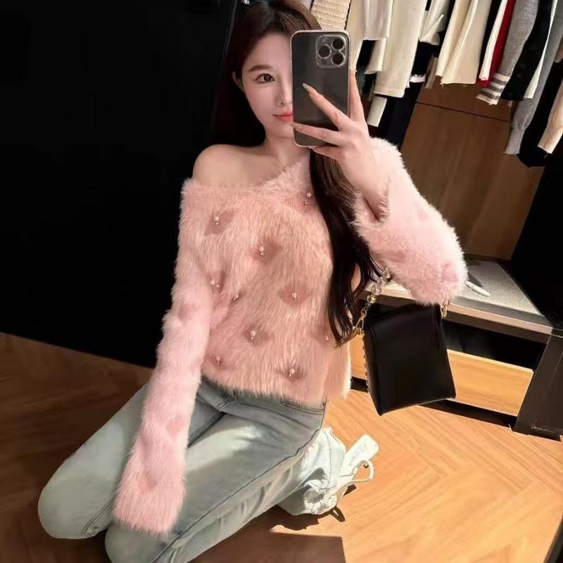 Autumn Winter Women Sweet V-neck Soft Furry Mohair Beading Knitted Sweater Christmas Short Pullover Tops