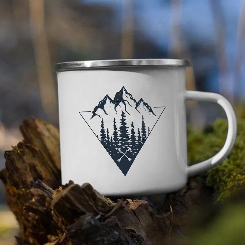 Stampa 'Le Montagne Aspettano' Tazza Smaltata Creativa Campeggio Caffè Tè Acqua Latte Tazze Manico Bicchiere Vacanza Escursionismo Regalo