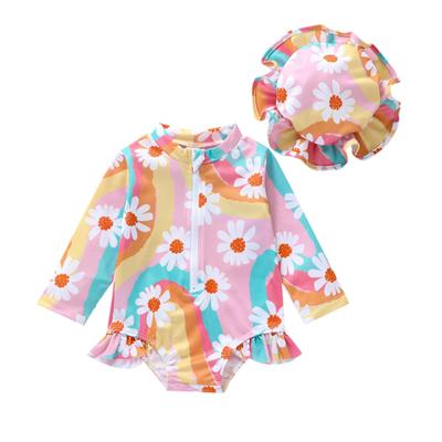 Kid Girl Romper Swimsuit 6M 12M 18M 24M Long Sleeve Stand Neck Zipper Beach Pool Bodysuit Swimwear + Hat