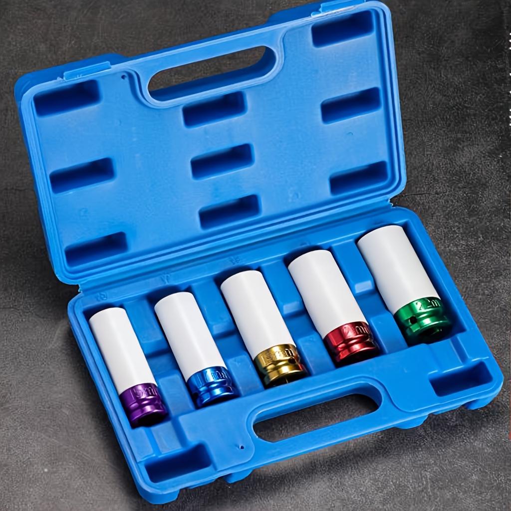 7pcs1/2" Drive Wheel Protector Impact Socket, Thin Wall Deep Impact Socket Set Durable Plastic Sleeve Lug Nut Socket 6 Point