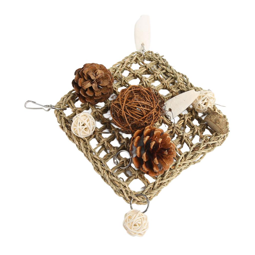 Parrot Climbing Mat Toy Seagrass Woven Bird Hammock Chewing Net with Cuttlefish Bone for Lovebird Cockatiel
