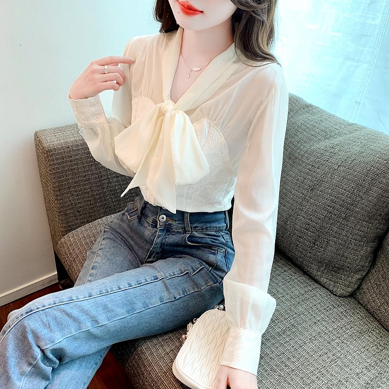 Mode Neue 2024 Herbst Langarm Bogen Kragen Büro Casual Apricot Chiffon Bluse Shirt Frauen Tops Blusen Shirts J479