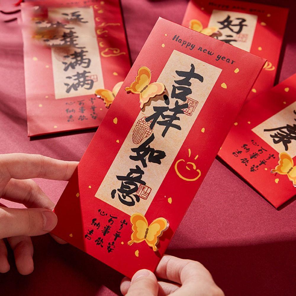 6pcs Traditional New Year Red Envelopes Calligraphy Hongbao Luck Money Bag Spring Festival