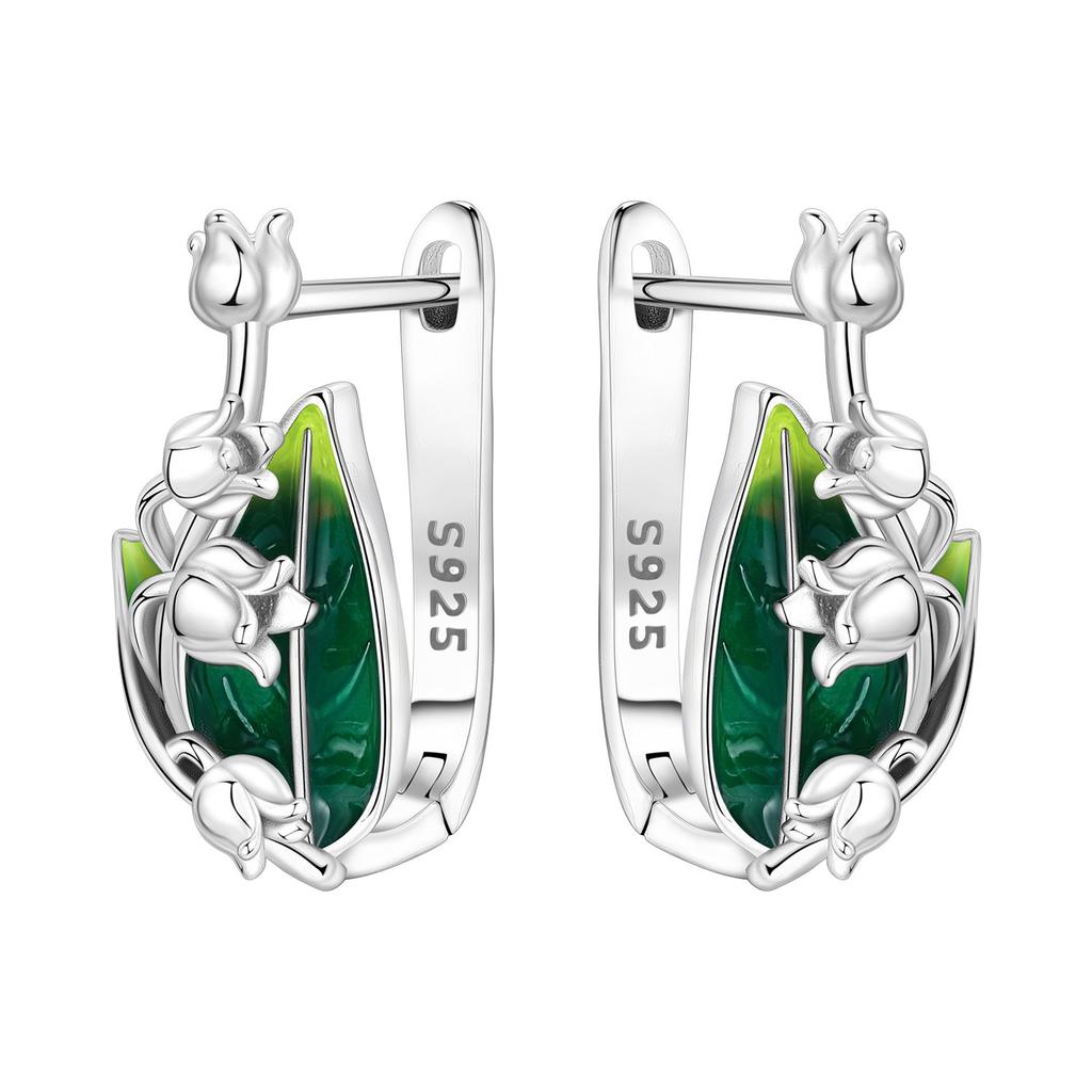 Original NEW S925 Silver Pink Purple Flowers Plants leaf Series Earring Hoop Earrings Women Jewelry Party Gifts