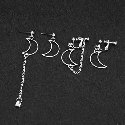Niche Personality Asymmetrical Moon Tassel Back Hanging Earrings Fashionable Disco Titanium Steel Non-fading Earrings Ear Clip Trend