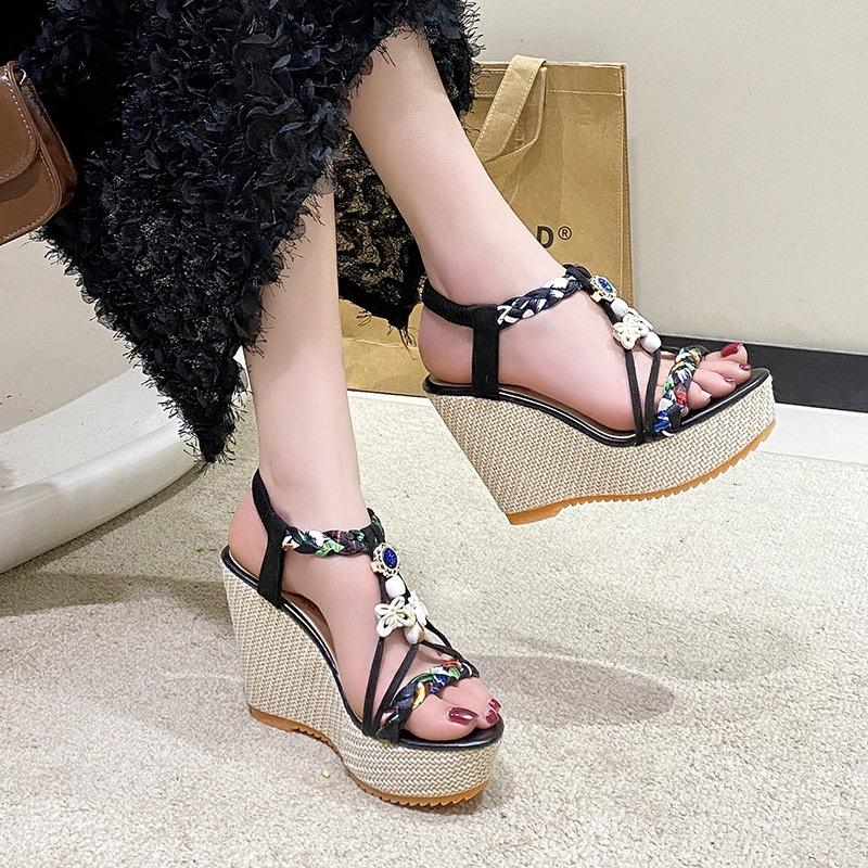 Bohemian sandals women's spring summer new slope heel platform rhinestone fish mouth sandals large size sandals