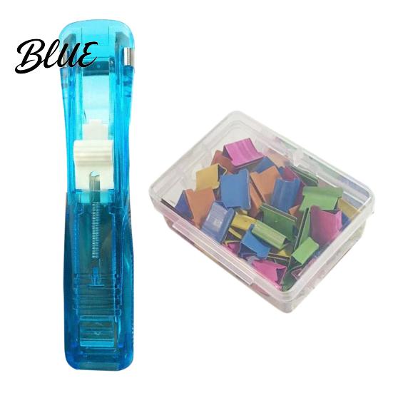Reusable Binder Clips Paper Clip Stapler Portable Dispenser No Hole Punching Pusher with 50 Refillable Transparent Metal Office School Supplies Home