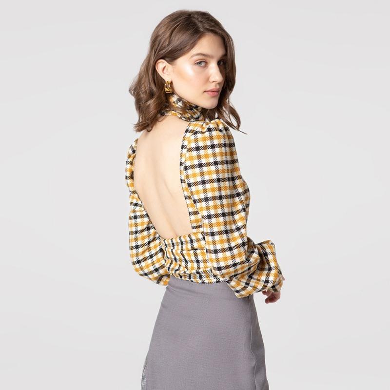 Sommer Herbst Damen Langarm Sexy Rückenfrei Kariertes Oberteil