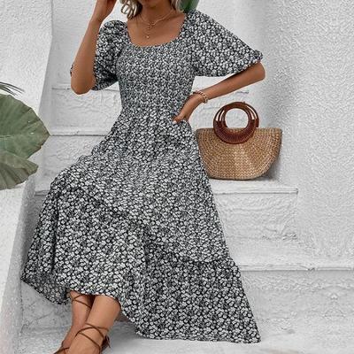 Vintage Women Summer Floral Long Dress Sexy Square Collar Short Sleeve Backless