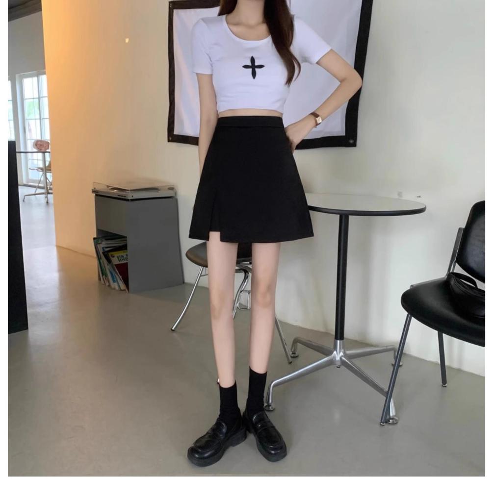2025 Black Plus Size High Waist Slimming A-Line Slit Short Skirt for Women