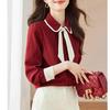 Women's Red French Doll Collar Tie Shirt - 2025 Autumn/Winter Long Sleeve Versatile Top