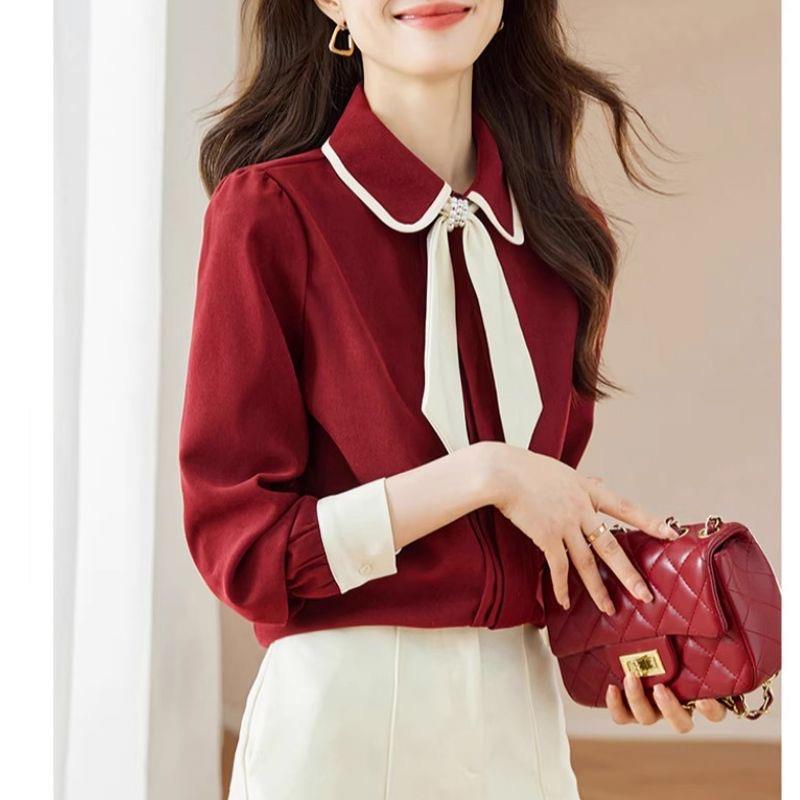 

Women s Red French Doll Collar Tie Shirt - 2025 Autumn/Winter Long Sleeve Versatile Top M вино красного