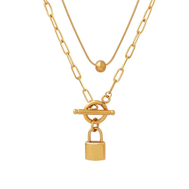European and American Personality Trend OT Buckle Two Wear Lock Head Steel Ball Pendant Collarbone Chain Double Stack Wear Necklace, Jewelry 2026 45CM