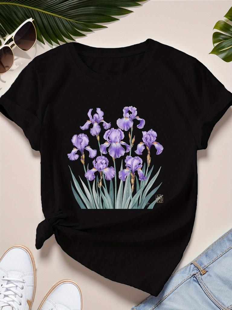 irises Background Women's T-Shirt Wildflower Floral Tee Birth Month Flower Gift for Sister Cute Aesthetic Flower Shirt Casual