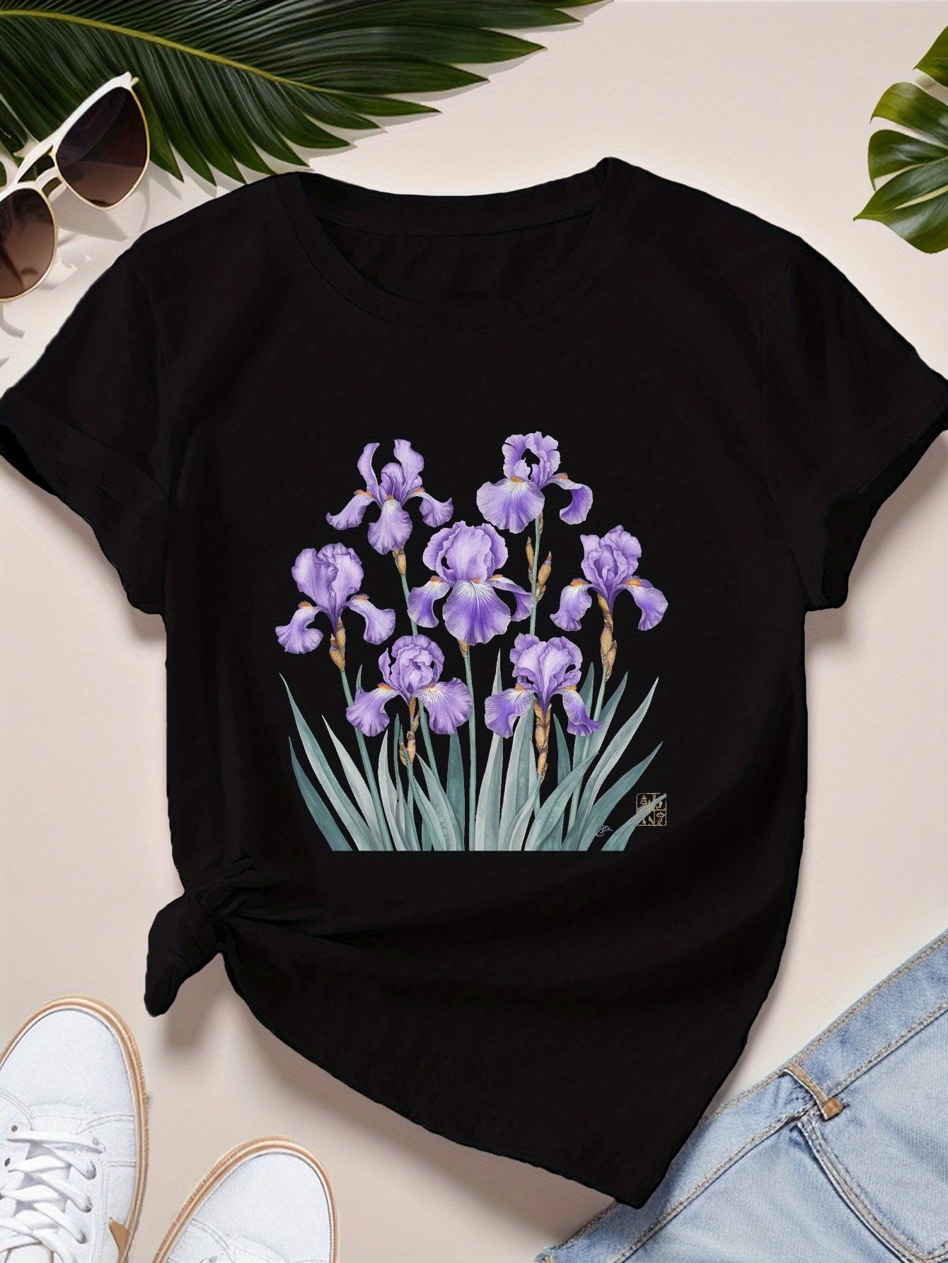

ирисы Фон Женская футболка Полевой цветок Цветочная футболка Цветок месяца рождения Подарок для сестры Милая эстетичная цветочная футболка Повседневная 4XL