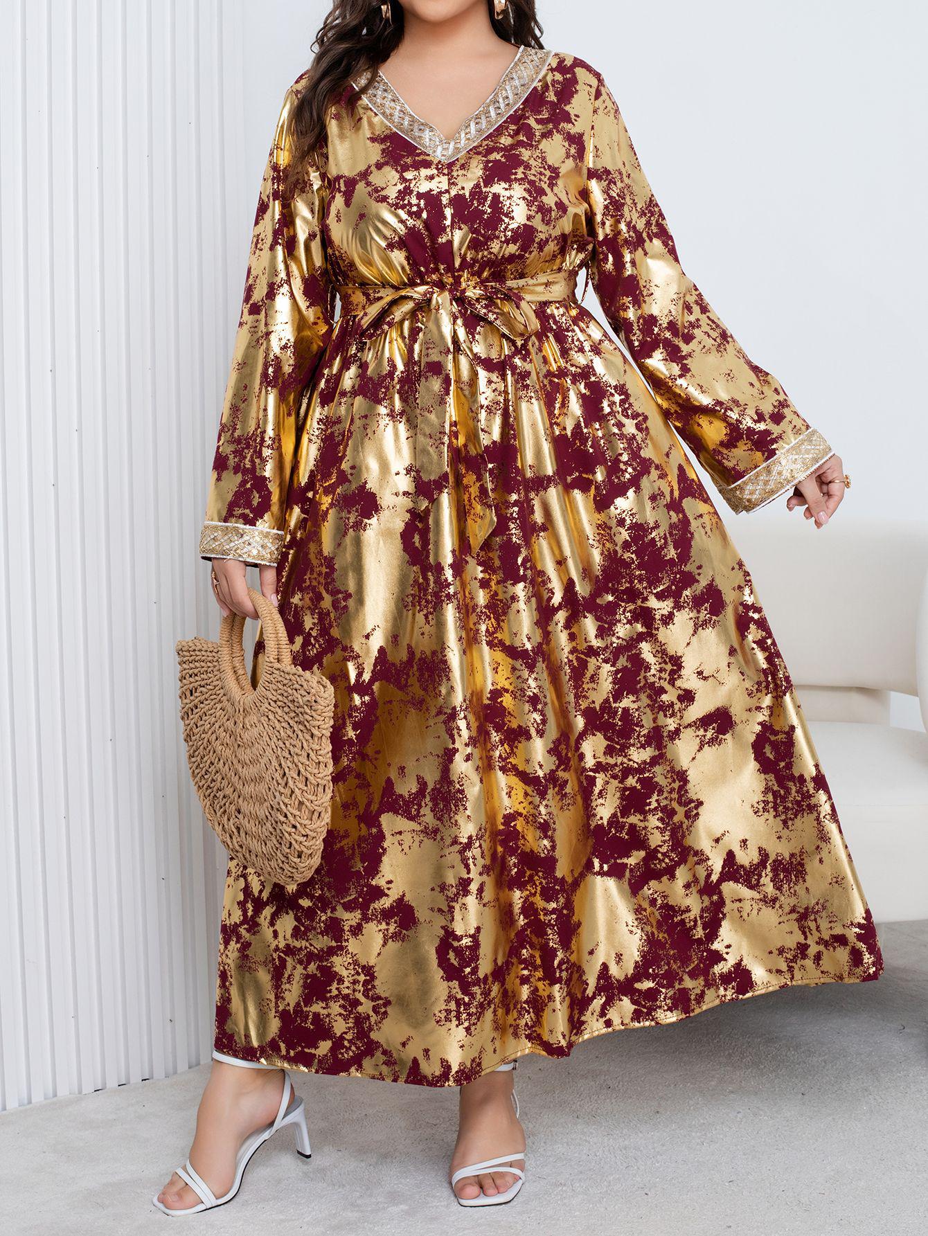 

Special Offer: V-neck Hot Stamping Long Sleeve Robe Dress with Waistband - Plus Size Women s Skirt for Spring & Autumn. 4XL темно-красного