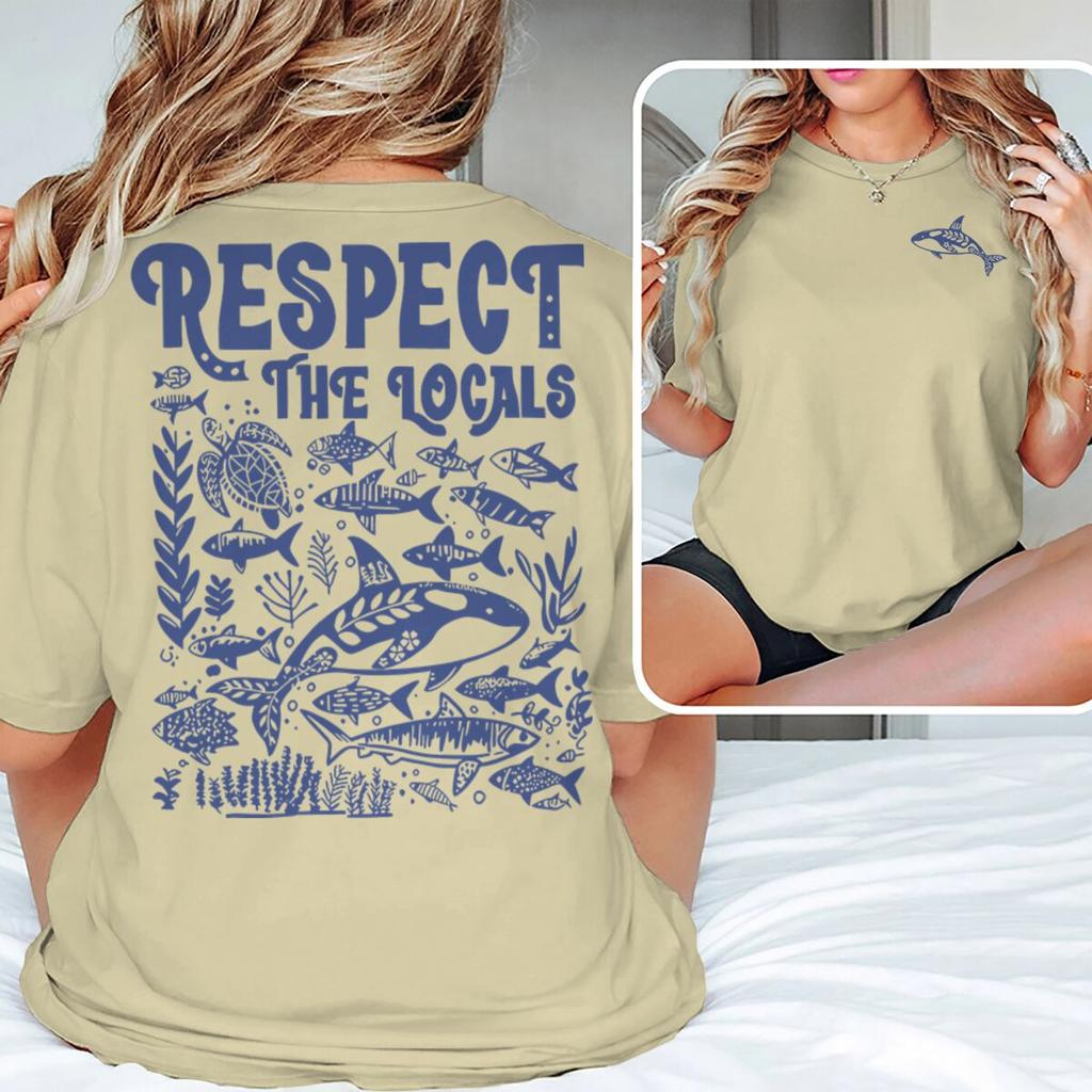 Ocean Animal Vintage Print T Shirt "Respect The Locals" Ocean Beach Series T-Shirts Unisex Unisex Short Sleeve Summer Vibes Tshirts