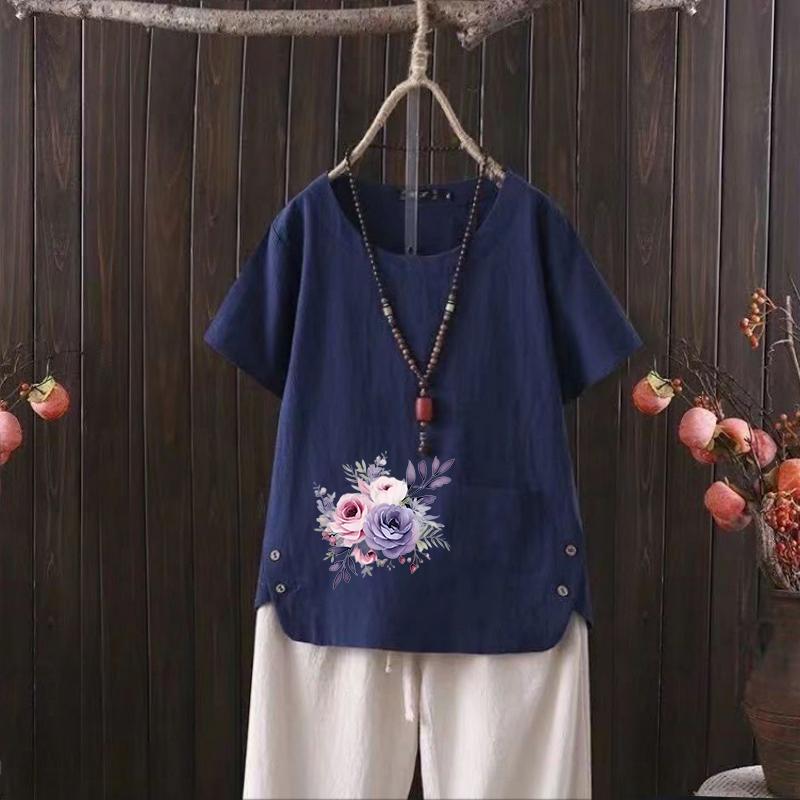 

2025 Лето Новая скандинавская цветочная футболка с V-образным вырезом из хлопка и конопли для женщин - Легкая и модная 4XL темно-синий