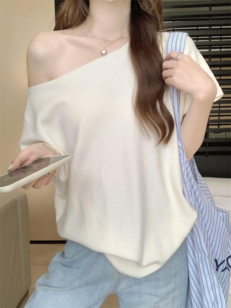 Women's Off-the-Shoulder Batwing Sleeve Knit Top - Summer 2025 Loose Slim Fit