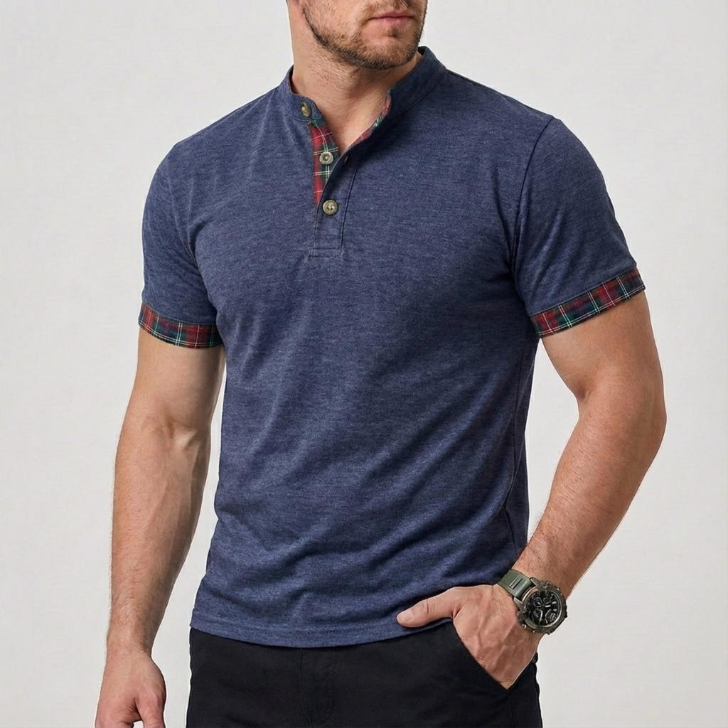 Men's Casual and Fashionable Color-blocked Checkered Shirt, Men's Short-sleeved Stand-up Collar Fitted Top