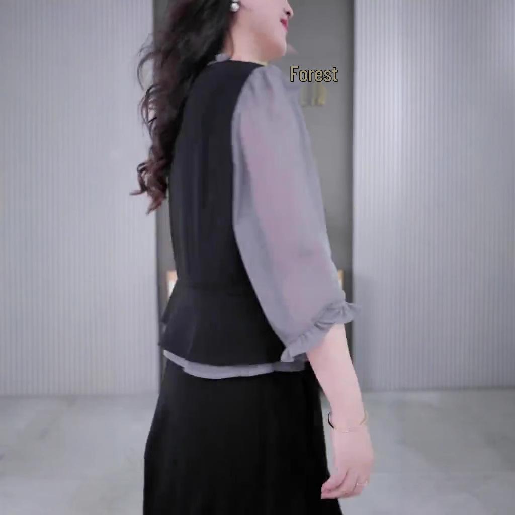 Koreanischer Stil Frühling/Sommer 2025 Chiffon Patchwork Zweiteiler Kleid - Elegant, Schlank machend, Übergröße