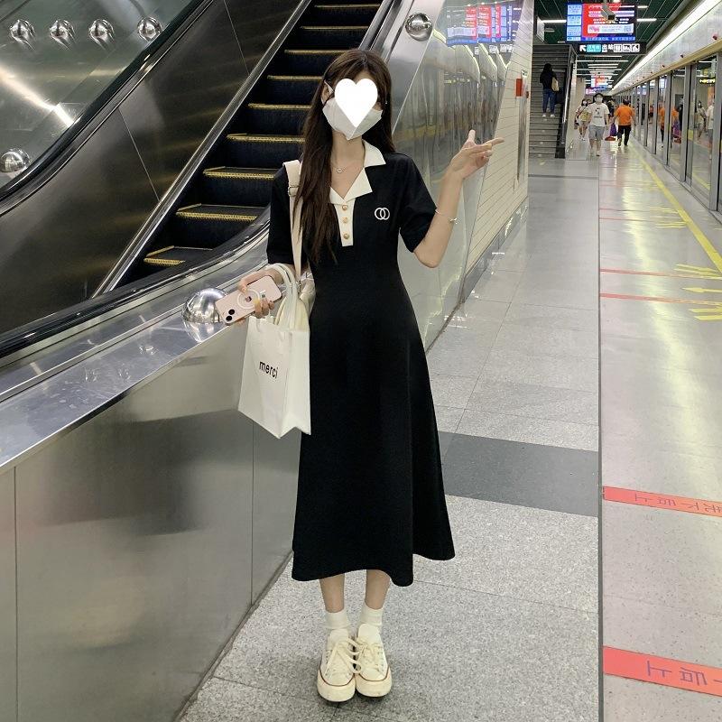 Temperament Polo Collar Black Dress Women's Summer New Mid-length Dress Niche Design Skirt