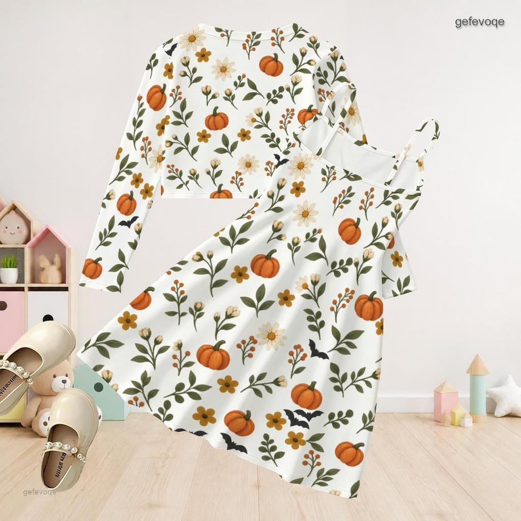 Girls White Halloween Two Piece Outfit Long Sleeve Cardigan Sleeveless Dress Pumpkin Bat Bow Print
