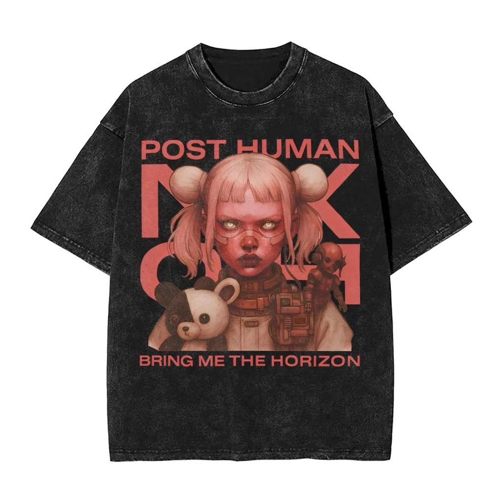 Oversized Acid-Wash Vintage Short-Sleeve T-Shirt Featuring Bring Me the Horizon Dark Gothic Siren Graphic Print