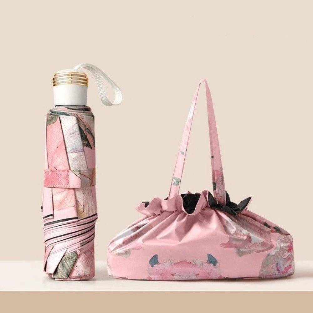 UV Protection Double-layered Sun Umbrella Foldable Floral Print Dual-purpose Sunshade Sun Protection with Storage Bag