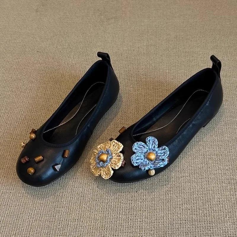 Fashion Sweet Flower Decoration Mary Jane Shoes Women 2025 Autumn Leather Round Toe Flats Casual Comfort Shallow Mouth Flat Loafers