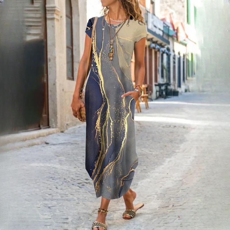 

IHUASU женские платья с круглым вырезом и коротким рукавом с карманами и принтом XL