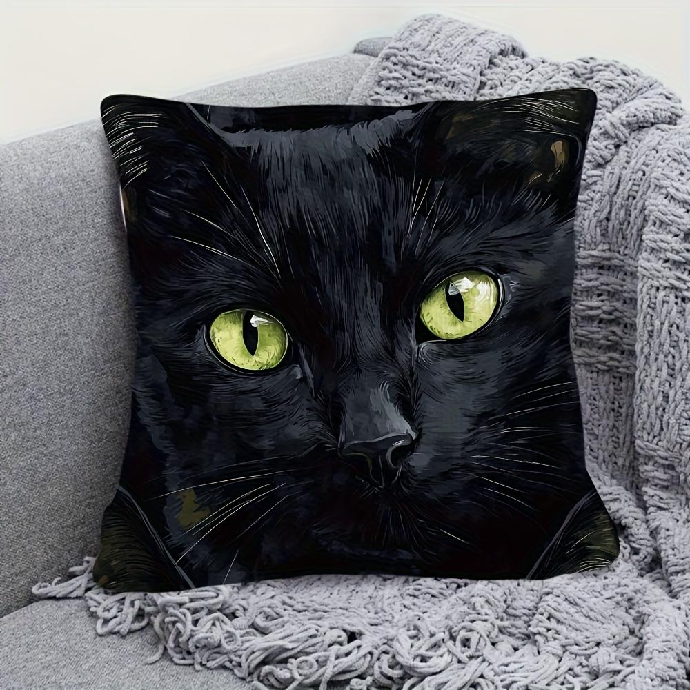 1pc 18x18 Inch Ultra-Soft Short Plush Pillow Cover - Black Cat with Green Eyes Single-Sided Print, Zipper Closure, Machine Washable, Contemporary Styl