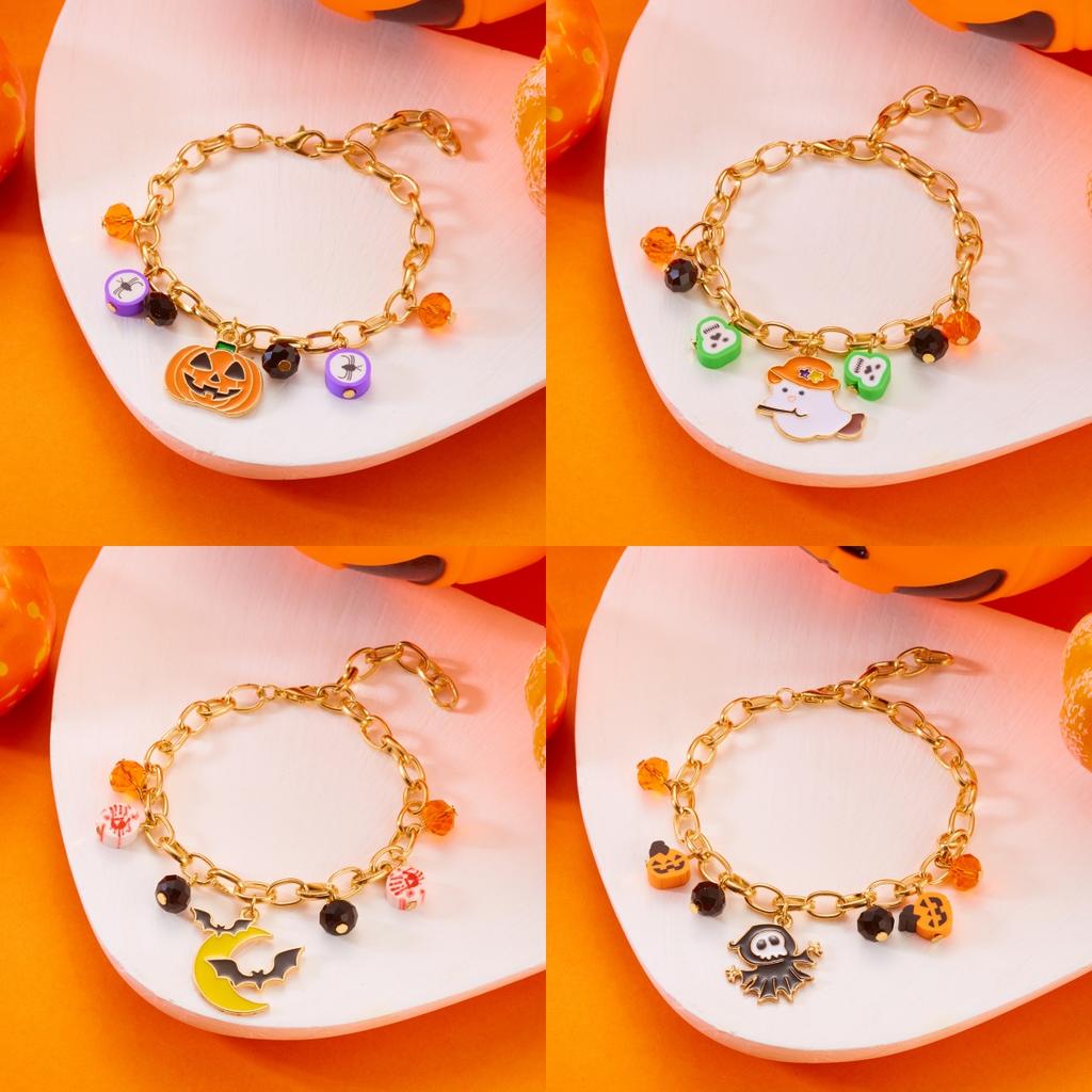 Halloween Cute Ghost Pumpkin Bat Charm Bracelet for Women Men Gold Color Metal Chain Enamel Bracelet Funny Festival Jewelry Gift