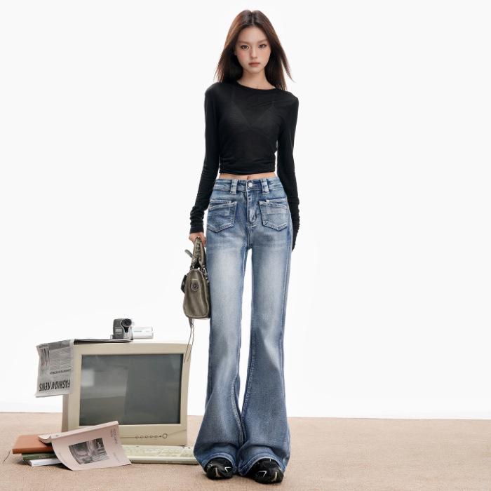 

Women s Light Blue Micro-Flare Jeans - Slimming Loose Fit Wide-Leg Autumn Design Small