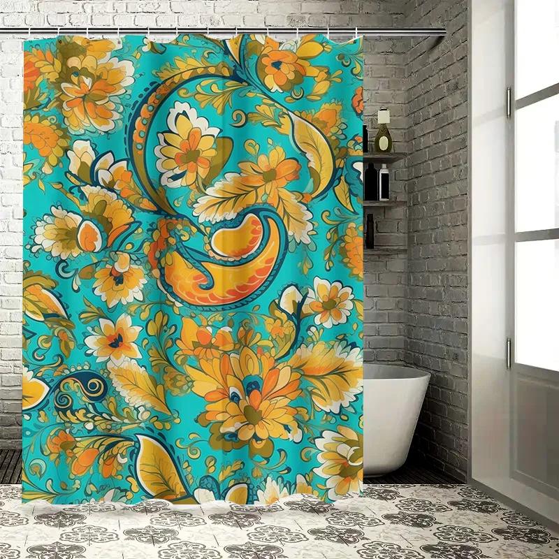 Handmade Shower Curtains with Floral Print Blue Green Yellow Orange Decorative Customizable Size Water Repellent Shower Panels W