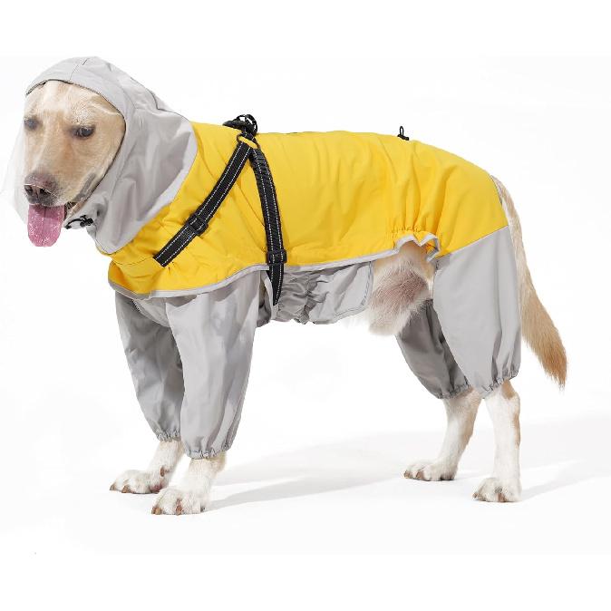 LIANZIMAU Waterproof Dog Raincoat 4 Legs with Leash Hook Reflective Adjustable Belly Strap Clear Hood Lightweight Polyester for Small Medium Large