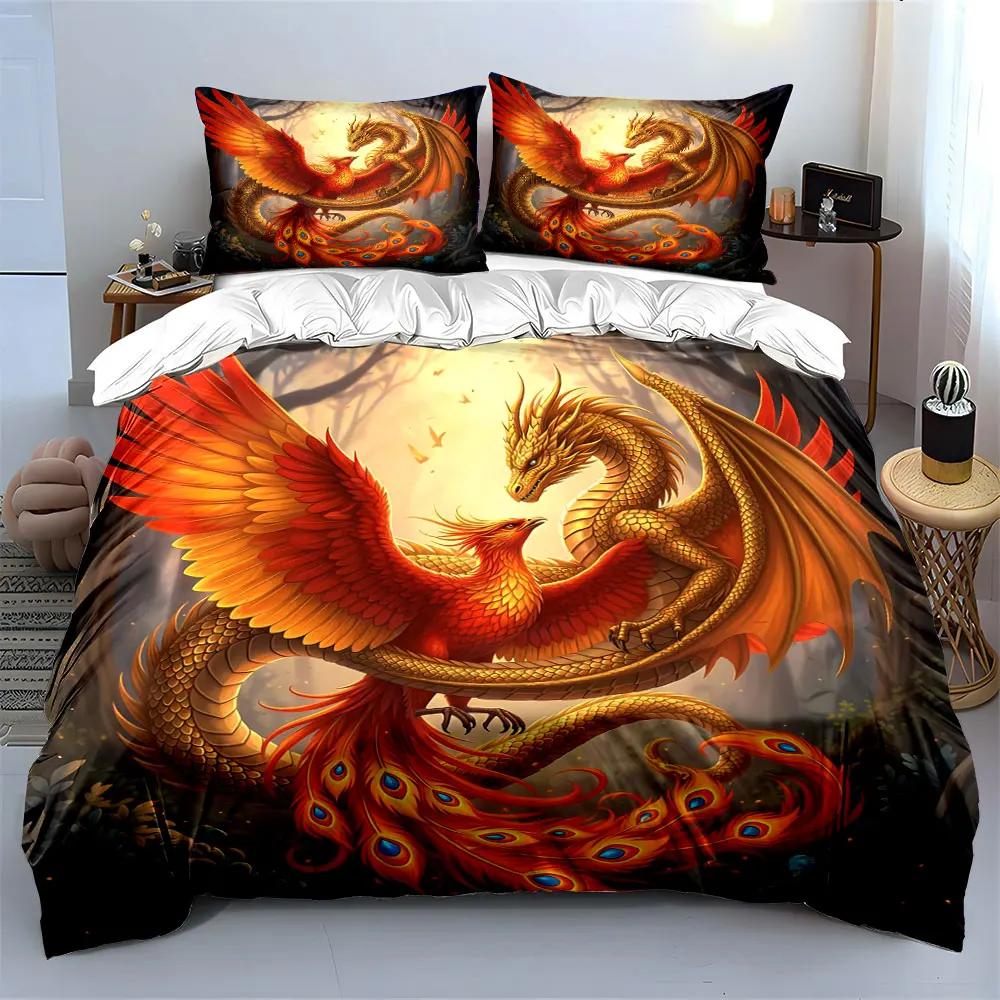 Dragon Phoenix Mythical Decor Set Soft Comfortable Duvet Cover Bedding Set Included 1*Duvet Cover & 2*Pillowcases gift