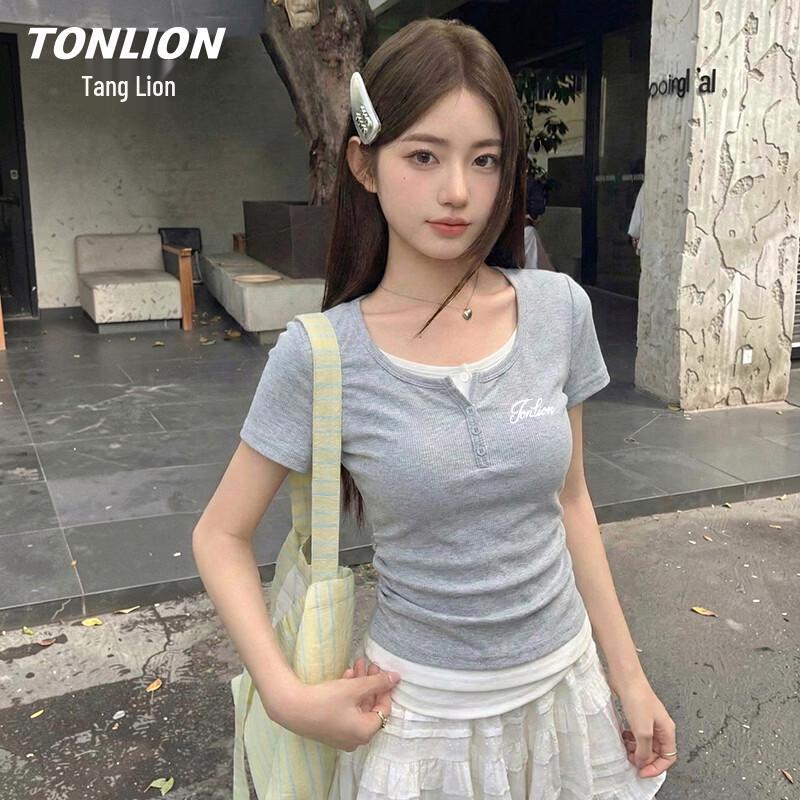 

Женская футболка TonLion с коротким рукавом, имитация двойки XL