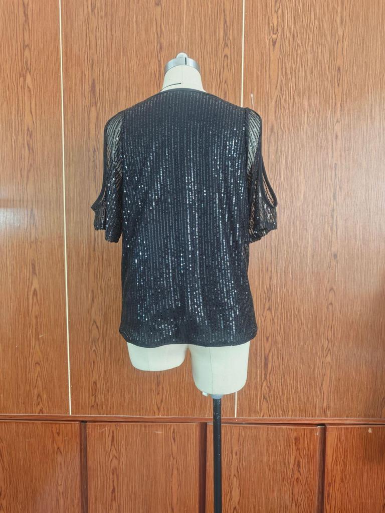 Women's Off-Shoulder Glitter Sequin Short Sleeve Top