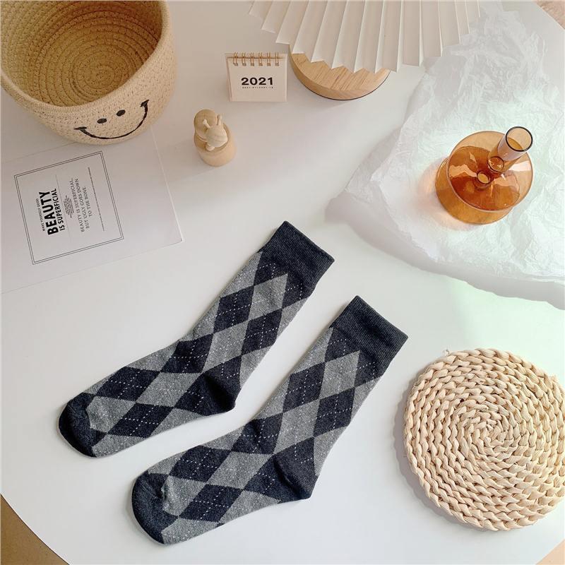 Calzini da donna a mezza gamba con motivo argyle, Primavera/Autunno, Stile Giapponese Retrò Color Caffè