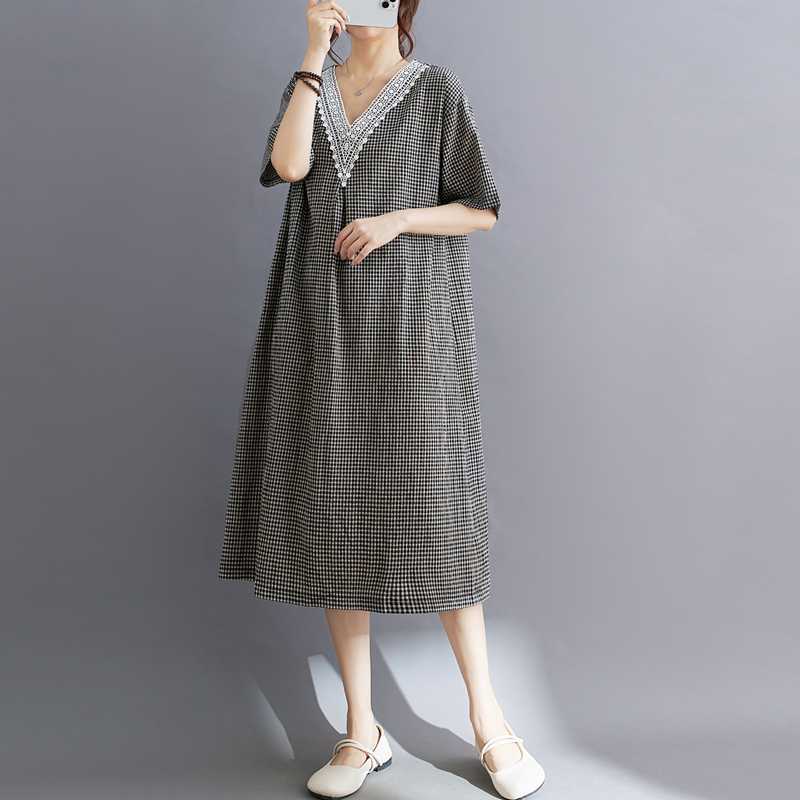 Summer Retro Cotton Linen Lace Cotton Linen Plaid Dress