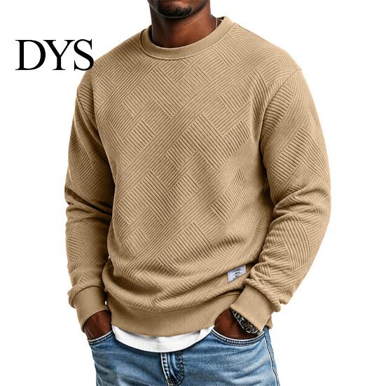 Mens Casual Crewneck Sweatshirt Men Sweatshirt, Soild Color Geometric Texture Ribbed Cuff Hem Loose Fit Pullover Shirt for Office Street Daily