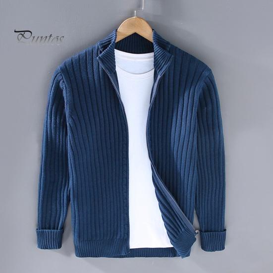 Fall Winter Men Coat Zipper Closure Knitted Cardigan Stand Collar Long Sleeves Solid Color Thick Elastic Loose Striped Texture Daily Wear Knit Jacket