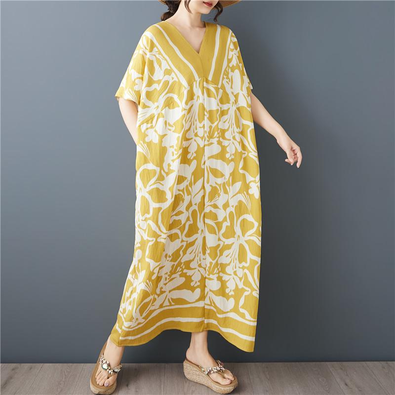 Abito estivo lungo e largo casual da donna, in cotone vintage, con maniche corte e taglie forti, floreale, nuovo di zecca.