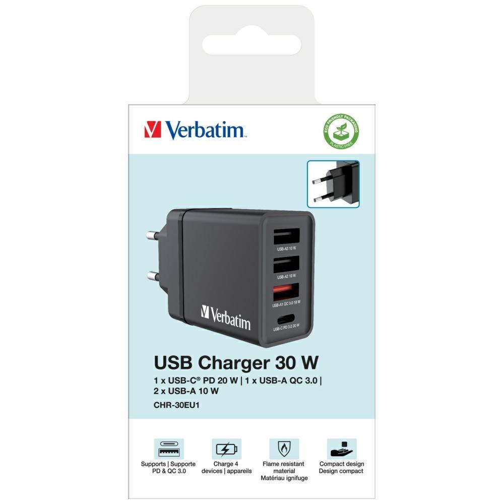 Verbatim Ładowarka Sieciowa 30W 3Xusb-A/Usb-C Pd 3.0 Chr-30Eu2 Czarny/Black 49700