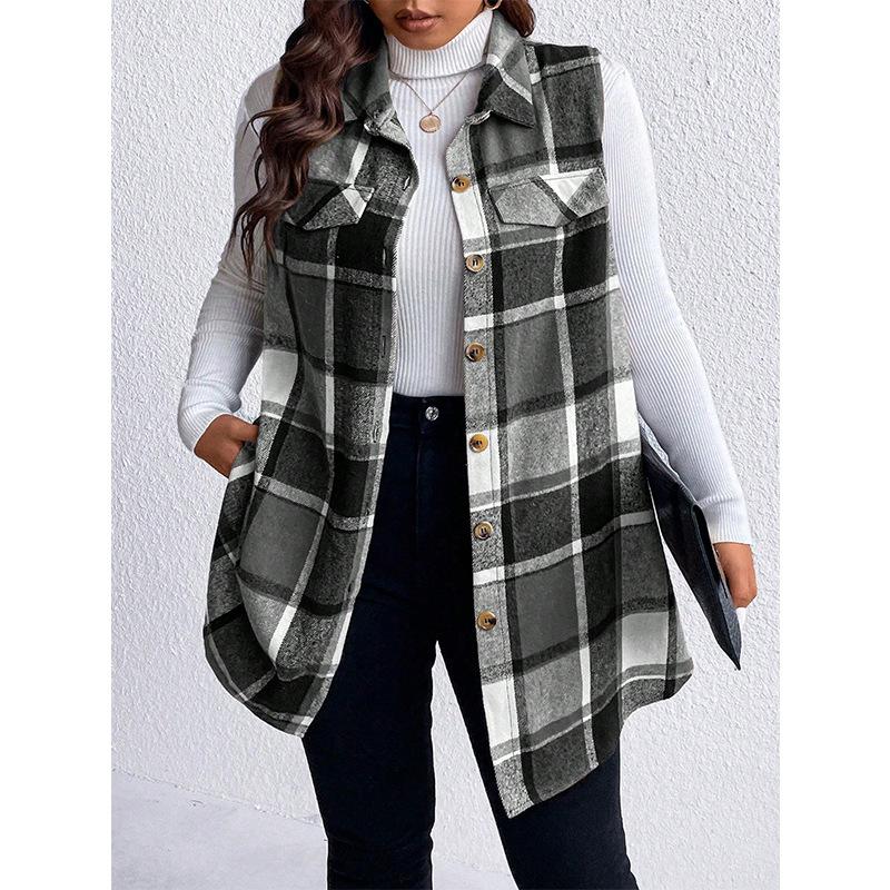 Plus Size Plaid Sleeveless Waistcoat Autumn and Winter Fashion Loose Women's Tweed Jacket