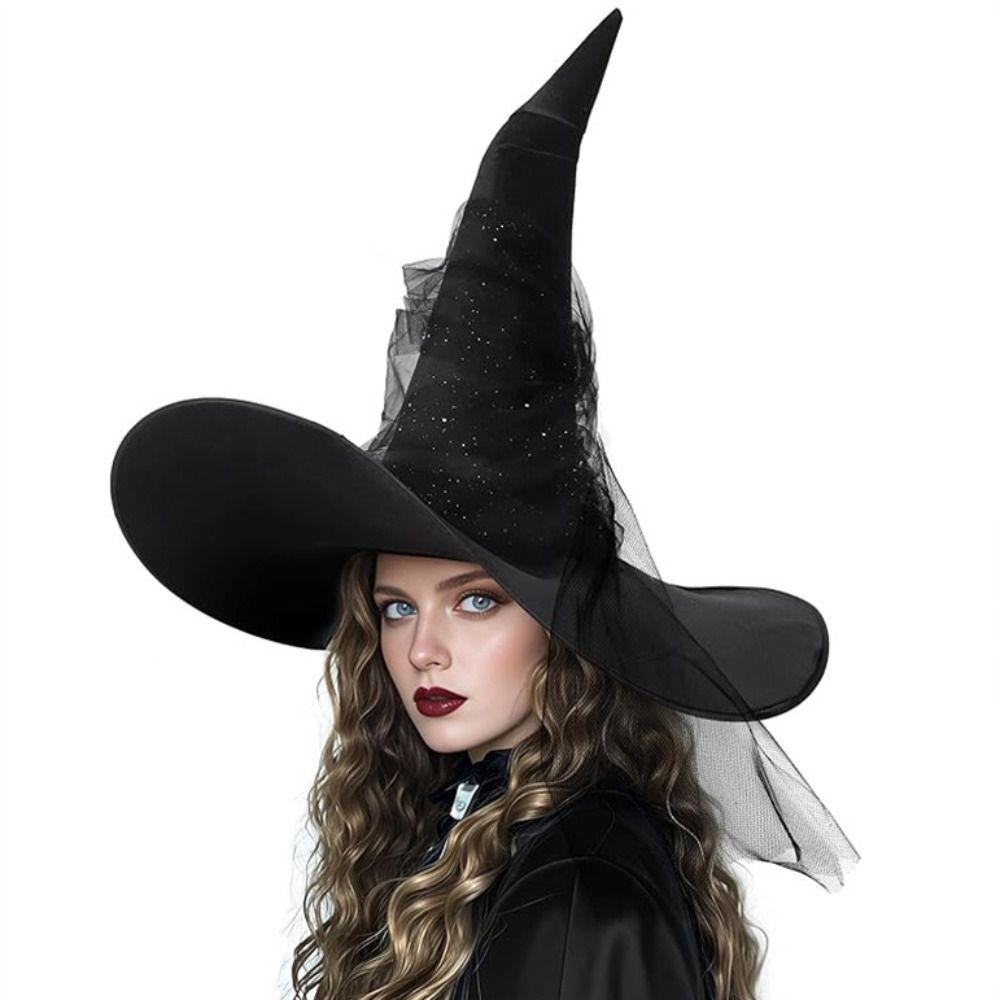 Mesh Yarn Cover Halloween Witch Hat With Veil Cosplay Accessories Pointed Mage Hat Masquerade Ball