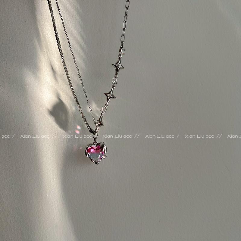 

New sweet and cool purple zircon love necklace female summer neck chain collarbone chain female necklace niche design female